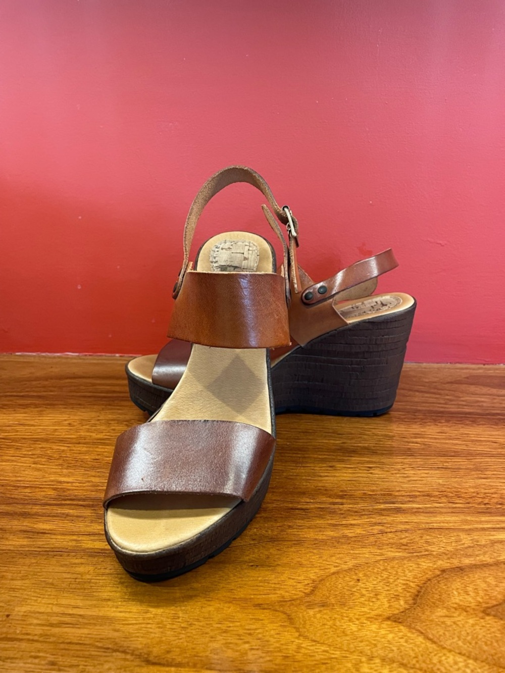 Women’s Brown Leather Wedge Sandals with Ankle Strap